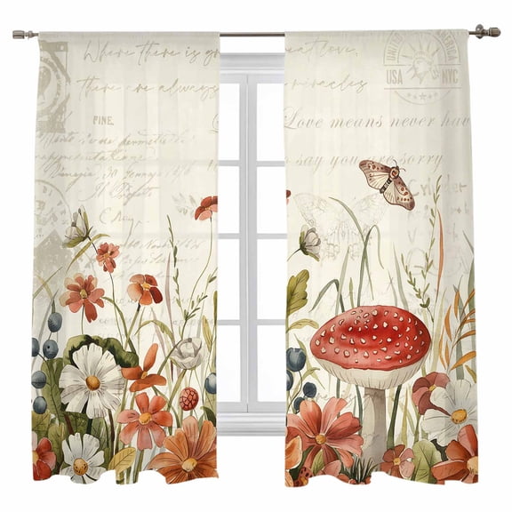 Fall Plant Sheer Curtains 72 inches Long, Mushroom Wildflower Butterfly Old Newspaper Light Filtering Sheer Window Curtains Rod Pocket Voile Drapes for Bedroom Living Room, 52"W x 72"L 2 Panels