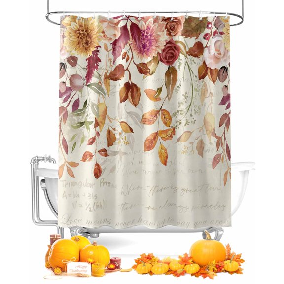 Fall Plant Thanksgiving Shower Curtain Set ，Waterproof Fabric Shower Curtains Flowers Eucalyptus Leaves Letter Shower Curtains for Bathroom,Bathroom Decor 66"x72"