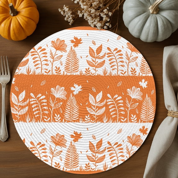 Fall Plants Round Braided Placemats Set of 4, Flowers Leaves Grass Natural Style Orange Heat Insulation Place Mats Washable Non-Slip Table Mats for Kitchen Dining Party, 15 Inches