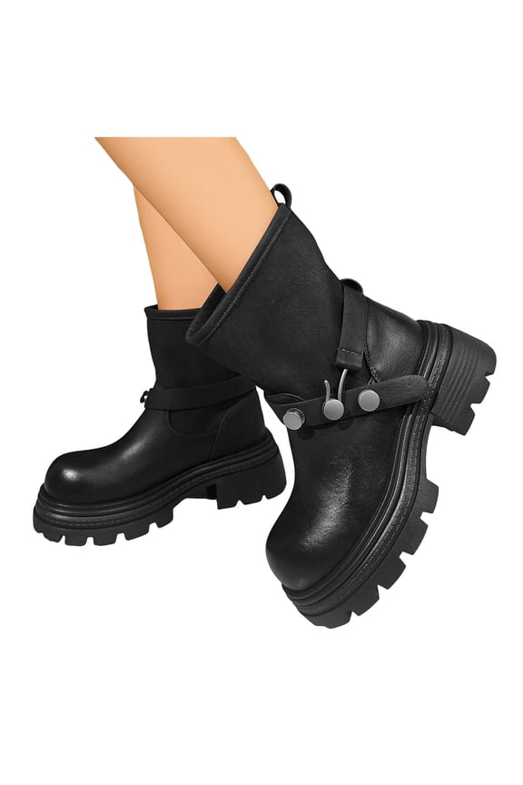 Fall Platform Mid Calf Combat Boots for Women 2025 Fashion Leather Chunky Heeled Pull on Winter Short Riding Ankle Booties