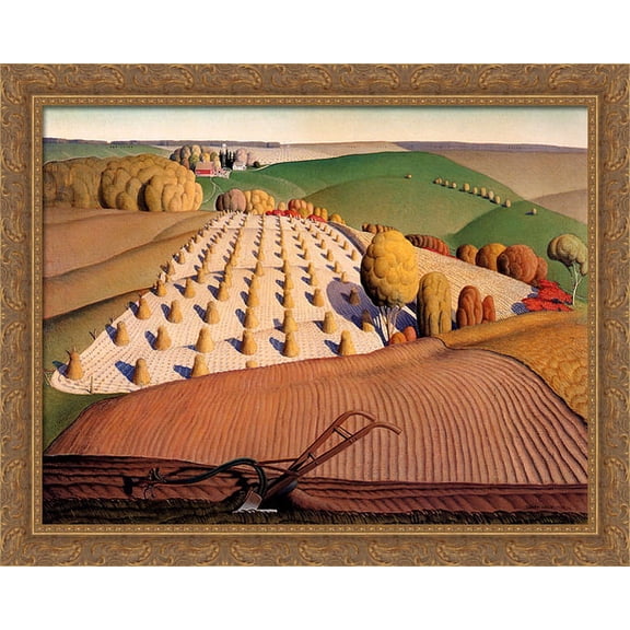 Fall Plowing 36x28 Large Gold Ornate Wood Framed Canvas Art by Grant Wood