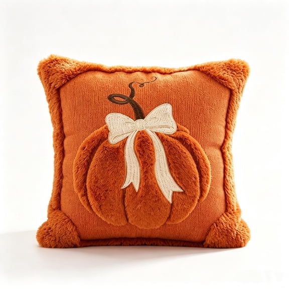 Fall Plush Pumpkin Throw Pillow Cover, Textured Knit Square Decorative Cushion Case with Hidden Zipper, Halloween Thanksgiving Autumn Decorations Sofa Bedroom Living Room Home Decor