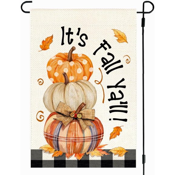 Fall Polka Dot Pumpkin Garden Flag 12x18 Inch Double Sided Outside,It''s Fall Y''all Maple Leaves Welcome Autumn Seasonal Thanksgiving Holiday Buffalo Plaid Yard Outdoor Flag Small