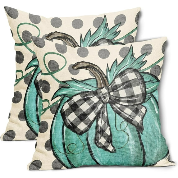 Fall Polka Dot Pumpkin Pillow Covers 16X16 Inch Autumn Harvest Thanksgiving Pillow Cases Green Seasonal Square Throw Pillows Set of 2 Farmhouse Home Decor for Sofa Couch Bedroom Porch Outdoor