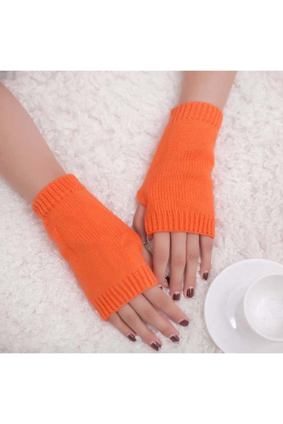 Fall Polyester Long Sleeve Thermal Gloves for Women Orange Solid Color Girl Knitted Arm Fingerless Keep Warm Winter Soft Mitten