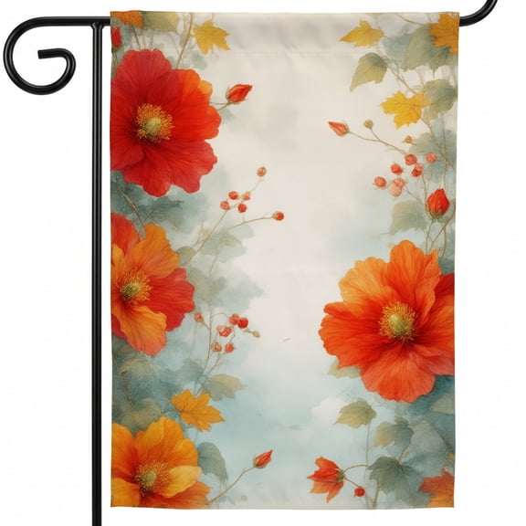 Fall Porch Flag 28 x 40 A painting of red flowers and leaves on a blue background Decoraciones para Otoño