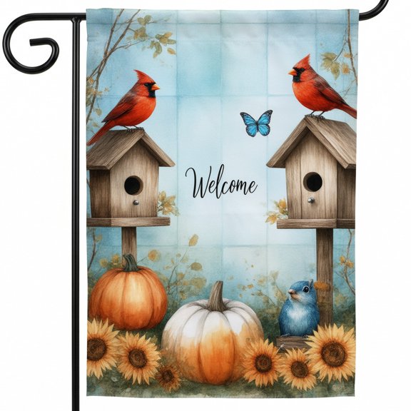 Fall Porch Flags 28*40 A welcome sign with two birds sitting on top of birdhouses Fall Porch Decorations