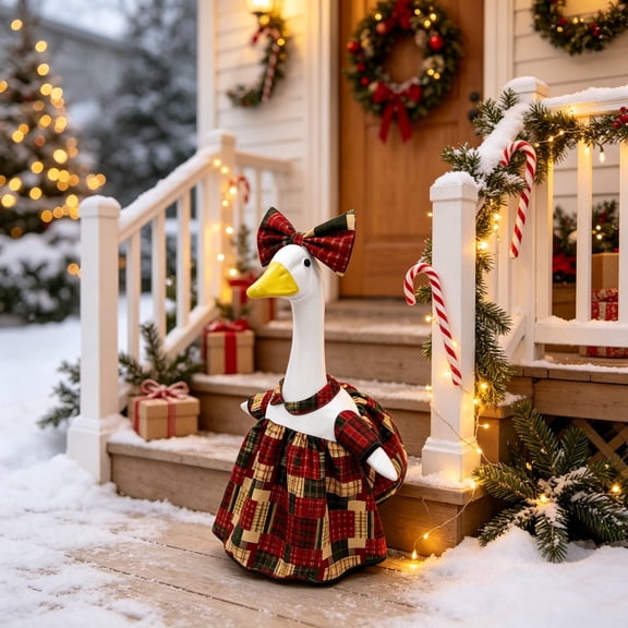 Fall Porch Goose Clothes for 23" Goose Statue - Patchwork Red Green Plaid Dress with Matching Bow - Autumn Goose Costume for Thanksgiving Yard Garden Patio Decor - Akmoler