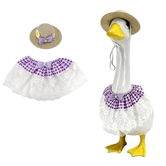 Fall Porch Goose Clothes Fits 23" Statue Goose - 2Pcs Purple Gingham Skirt with Straw Hat - Fall Garden Goose Costumes for Lawn Yard Garden & Patio Outdoor Decor - Akmoler