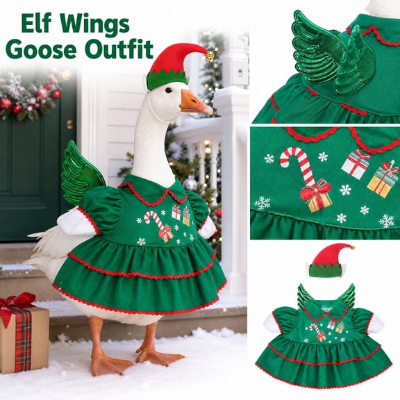 Fall Porch Goose Outfit Christmas Elf Costume with Wings 23 Inch Porch Goose Outfits Holiday Yard Lawn Decoration