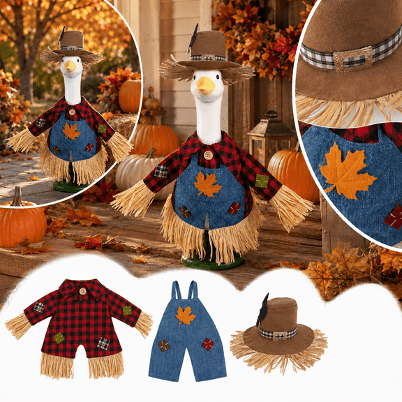 Fall Porch Goose Clothes Scarecrow Costume with Hat, Polyester Spandex Fall Clothes for 23in Goose Statue Garden Yard Thanksgiving Decor