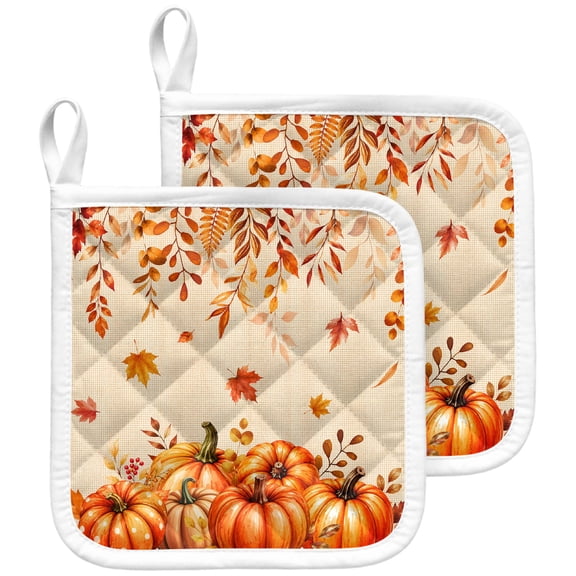 Fall Pot Holders for Kitchen Heat Insulation Potholder,Kitchen Pot Holders Sets Washable Oven Hot Pads Terry Cloth Trivet for Cooking Orange Pumpkins Thanksgiving Autumn Harvest Rustic Leaf 2 Pack
