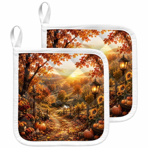 Fall Pot Holders for Kitchen Heatproof Potholder, 2 Pack Autumn Farmhouse Country Pumpkins Maple Leaves Hot Pads Multipurpose Oven Pads Terry Cloth Potholders Trivet for Cooking and Baking