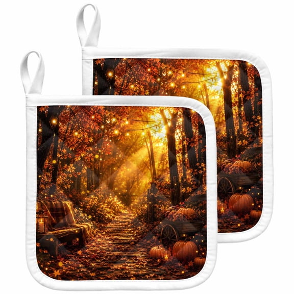 Fall Pot Holders for Kitchen Heatproof Potholder, 2 Pack Farmhouse Rustic Roads Pumpkins Maple Leaves Orange Hot Pads Multipurpose Oven Pads Terry Cloth Potholders Trivet for Cooking and Baking