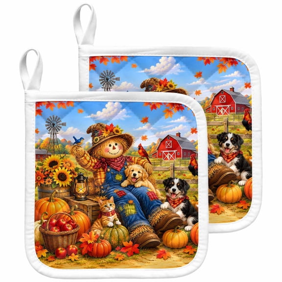 Fall Pot Holders for Kitchen Heatproof Potholder, 2 Pack Thanksgiving Harvest Country Pumpkins Maple Leaves Hot Pads Multipurpose Oven Pads Terry Cloth Potholders Trivet for Cooking and Baking