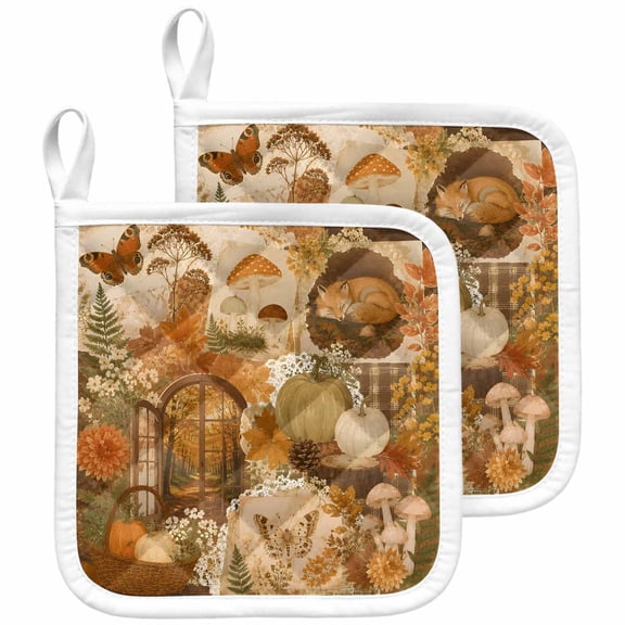 Fall Pot Holders for Kitchen Heatproof Potholder, 2 Pack Vintage Country Harvest Fox Pumpkins Maple Leaf Hot Pads Multipurpose Oven Pads Terry Cloth Potholders Trivet for Cooking and Baking