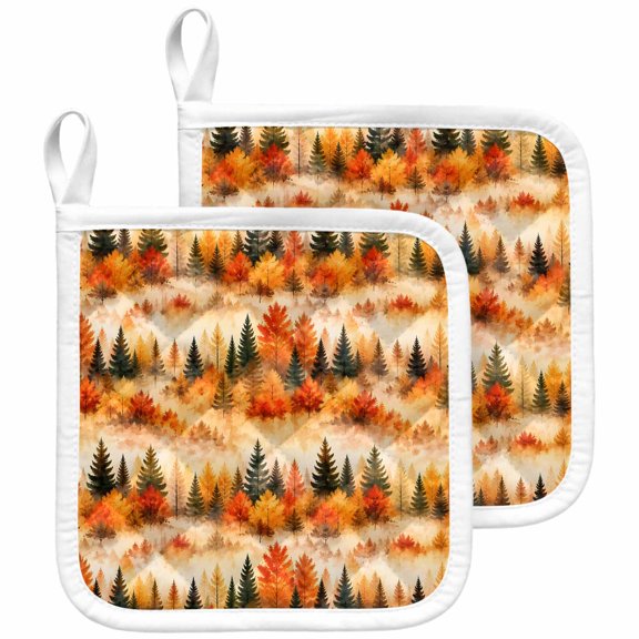 Fall Pot Holders for Kitchen Heatproof Potholder, 2 Pack Watercolor Orange Red Maple Leaves Green Pine Trees Hot Pads Multipurpose Oven Pads Terry Cloth Potholders Trivet for Cooking and Baking