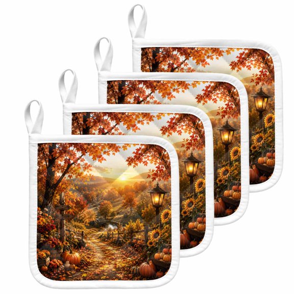 Fall Pot Holders for Kitchen Heatproof Potholder, 4 Pack Autumn Farmhouse Country Pumpkins Maple Leaves Hot Pads Multipurpose Oven Pads Terry Cloth Potholders Trivet for Cooking and Baking