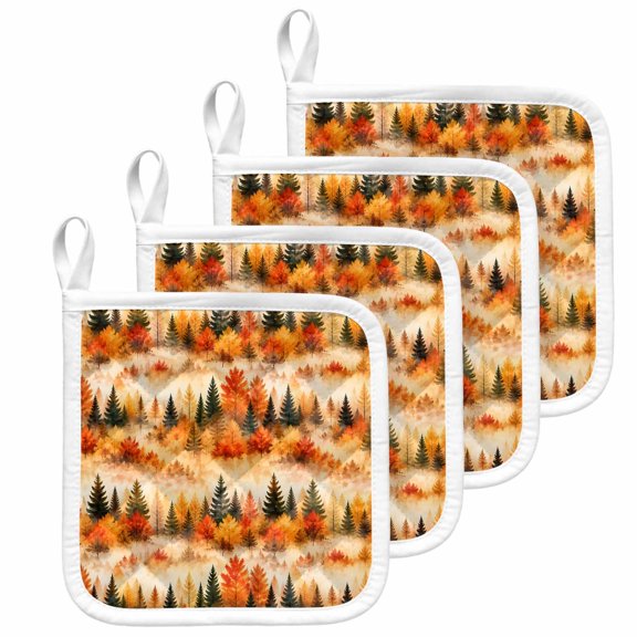 Fall Pot Holders for Kitchen Heatproof Potholder, 4 Pack Watercolor Orange Red Maple Leaves Green Pine Trees Hot Pads Multipurpose Oven Pads Terry Cloth Potholders Trivet for Cooking and Baking