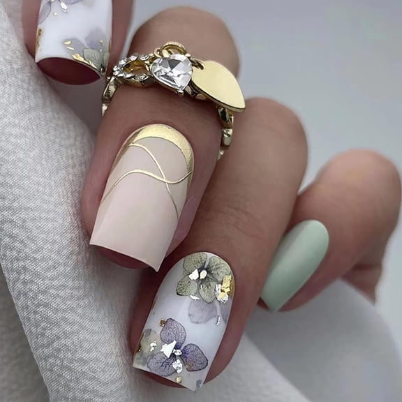 Fall Press on Nails Medium Square Thanksgiving Fake Nails Gold Foil Flower Designs False Nails with Glossy Full Cover Stick on Nails Glue on Nails Fall Nails for Women Girls 24 Pcs Style 15 0.04