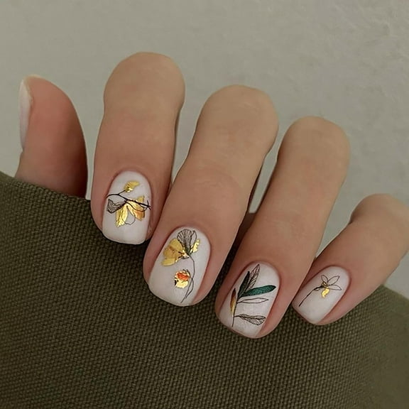 Fall Press on Nails Medium Square White Fake Nails Lines Flowers Leaf Pattern Full Cover Stick on Nails Gold Foil Designs Thanksgiving Nails Autumn Winter False Nails for Women and Girls 24Pcs