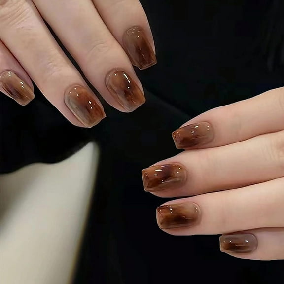 Fall Press on Nails Short Square Fake Nails Glossy Glue on Nails Brown Ombre Acrylic Nails Squoval Artificial Nails Autumn False Nails with Design 24 pcs 03200-4Brown 0.04 Fl Oz (Pack of 24)