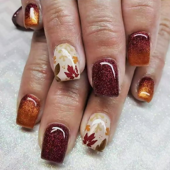 Fall Press on Nails Short Square Fake Nails with Maple Leaf Design Gold Brown Glitter Gradient False Nail Thanksgiving Autumn Maple Leaves Stick on Nail for Women 24 Pcs
