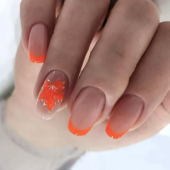 Fall Press on Nails Short Square Fake Nails Nude Pink French Nails with Maple Leaf Pattern Designs Cute Thanksgiving Nails Glossy Artificial Nails for Women and Girls Fall Nails 24Pcs Style 4 0.04 Fl