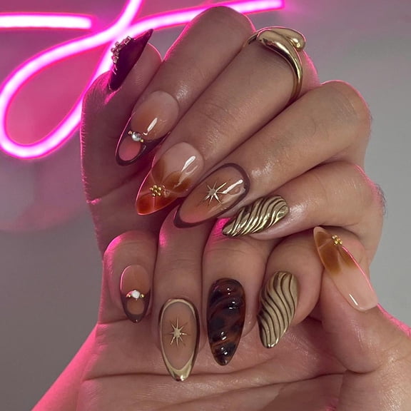 Fall Press On Nails Medium Almond, Tortoise Shell Brown Nude Fake Nails with Gold 3D Accents, Handmade Autumn Nail Art