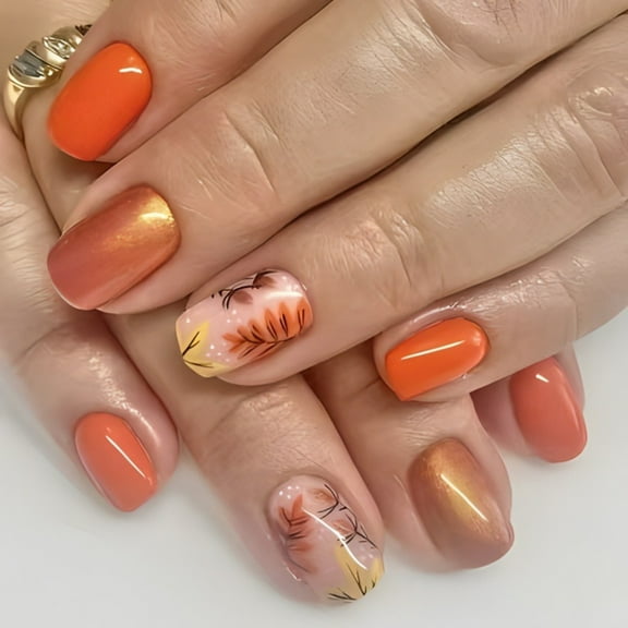 Fall Press on Nails Short Square Maple Leaves False Nails Fall Glitters French Tip on Nails Pumpkin Designs