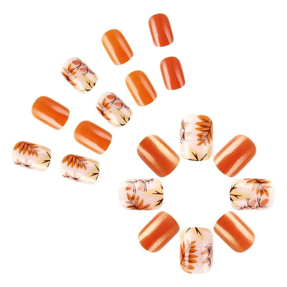 Fall Press on Nails Short Square Maple Leaves False Nails Fall Glitters French Tip on Nails Pumpkin Designs
