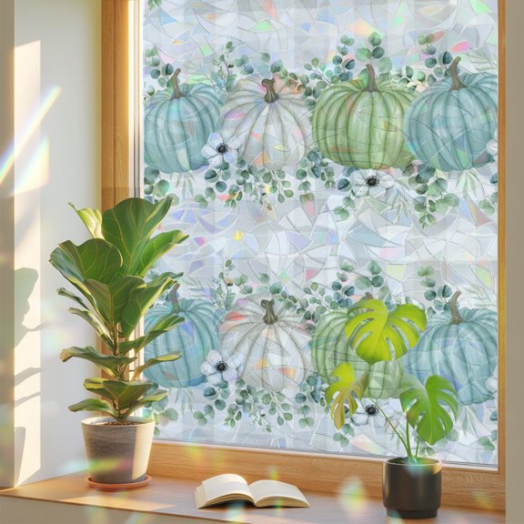 Fall Privacy Window Film, Decorative Stained Glass Window Film, Blue Green Pumpkins Thanksgiving Flower Leaf Plaid Resuable Rainbow Static Cling for Home Bathroom Living Room Glass Door 17.7"x39.3"