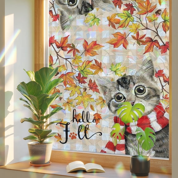 Fall Privacy Window Film,Decorative Stained Glass Window Film,Thanksgiving Autumn Cat Leaves Retro Maple Leaf Beige Plaid Resuable Rainbow Static Cling for Bathroom Living Room Glass Door 17.7"x39.3"