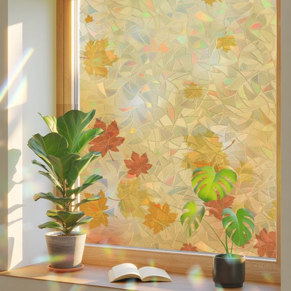 Fall Privacy Window Film, Decorative Stained Glass Window Film, Thanksgiving Autumn Maple Leaf Orange Resuable Rainbow Static Cling for Home Bathroom Living Room Glass Door 17.7"x39.3"