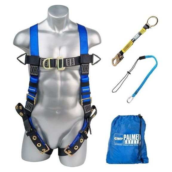 Fall Protection Body Safety Harness w/ 5pt Adjustments, Pass-through Chest, Grommet Legs, Front & Back D-Ring