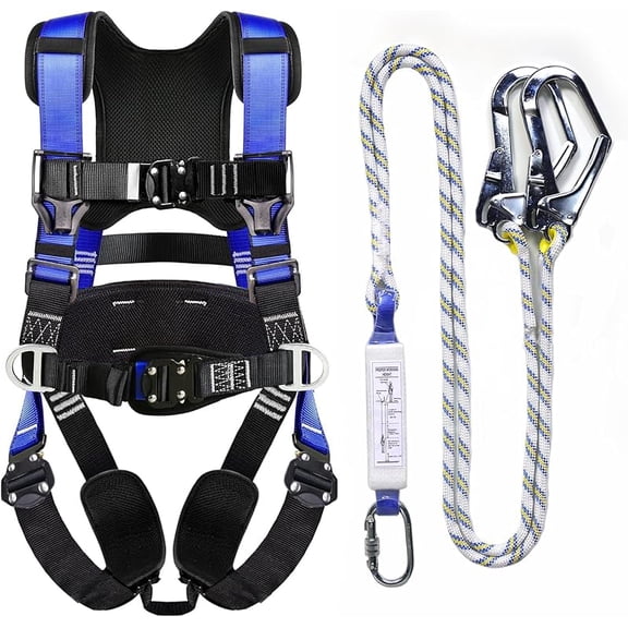 Fall Protection Premium Safety Harness with Shock Absorbing Lanyard, Vented & Padded Shoulder, Legs & Back - Upgrade 4 Quick Buckles (Blue)