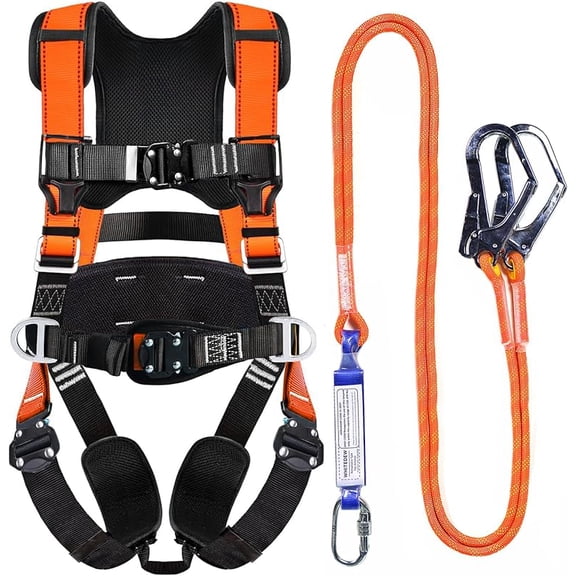 Fall Protection Premium Safety Harness with Shock Absorbing Lanyard, Vented & Padded Shoulder, Legs & Back - Upgrade 4 Quick Buckles (Blue)