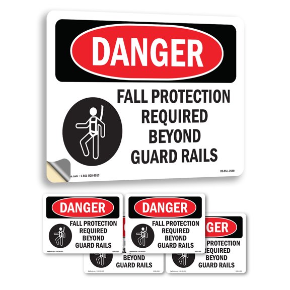 Fall Protection Required Beyond OSHA Danger Vinyl Decal Label 5 Inch x 3.5 Inch - 5 Pack