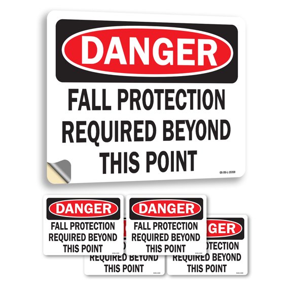 Fall Protection Required Beyond This Point OSHA Danger Vinyl Decal Label 5 Inch x 3.5 Inch - 5 Pack
