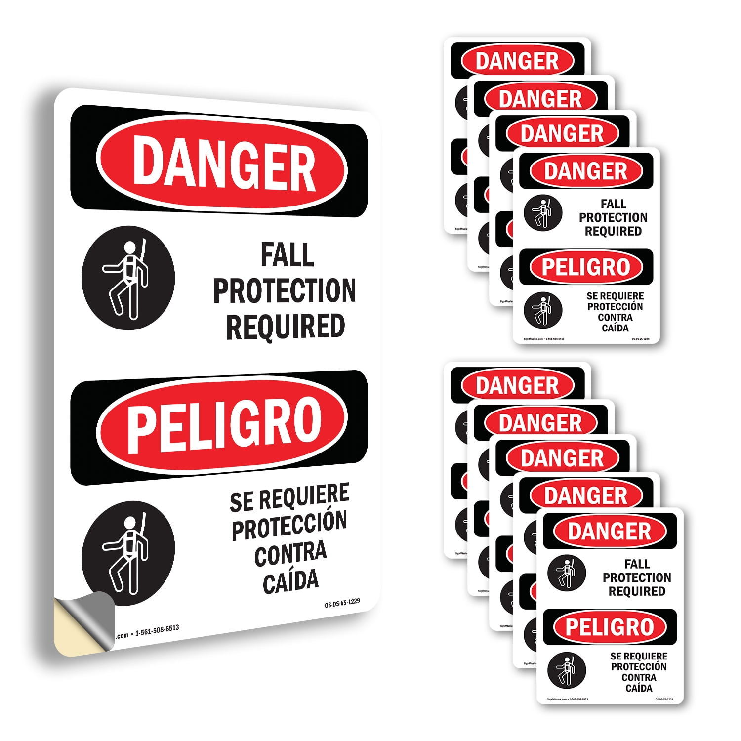 Fall Protection Required Bilingual OSHA Danger Vinyl Decal Label 18 ...