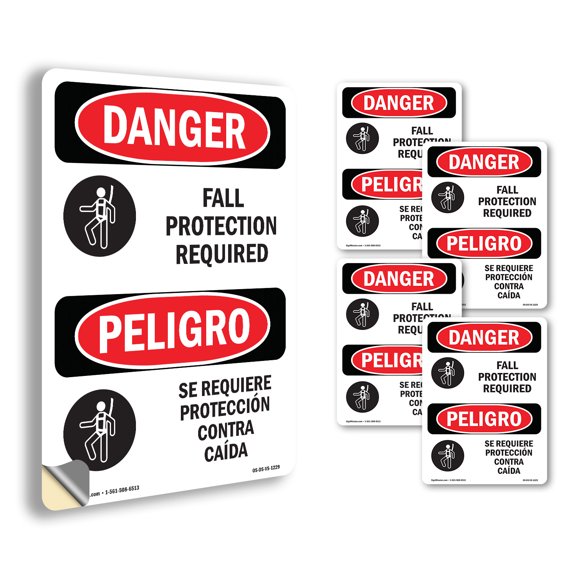 Fall Protection Required Bilingual OSHA Danger Vinyl Decal Label 5 Inch x 3.5 Inch - 5 Pack