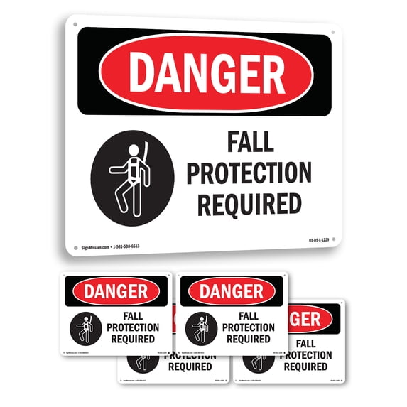 Fall Protection Required OSHA Danger Rigid Plastic Sign 18 Inch x 12 Inch - 5 Pack