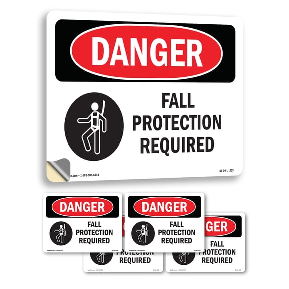 Fall Protection Required OSHA Danger Vinyl Decal Label 5 Inch x 3.5 Inch - 5 Pack