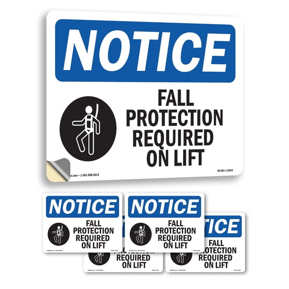 Fall Protection Required On Lift With Symbol OSHA Notice Vinyl Decal Label 5 Inch x 3.5 Inch - 5 Pack