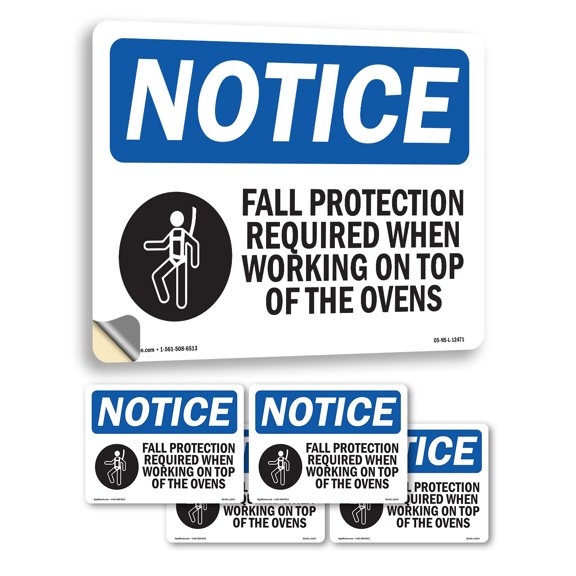 Fall Protection Required When With Symbol OSHA Notice Vinyl Decal Label 5 Inch x 3.5 Inch - 5 Pack