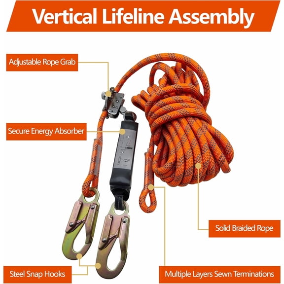 Fall Protection Rope, 50ft Harness Safety Lanyard, Vertical Roofing Rope with Grab Snap Hooks Shock Absorber Safety Equipment Orange