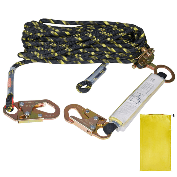 Fall Protection Rope Lifeline Kit 25ft, 0.55'' ANSI Compliant - Vertical Safety Rope with Steel Hooks, Rope Grab & Shock Absorber for Roofing, Construction