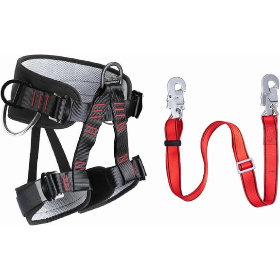 Fall Protection Safety Belt, Thickened Half Body Climbing Harness Kit with Adjustable Lanyard, Personal Portable Protective Equipment for Roofing Construction, Black Red