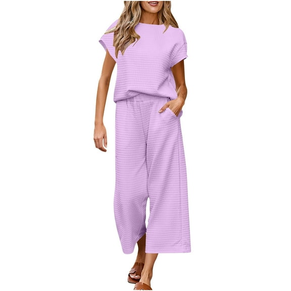 Fall Pullover Set Womens Two Piece Vacation Outfits Casual Short Sleeve Pullover Tops and Wide Leg Cropped Pant Loungewear Knit Sets Purple 3XL