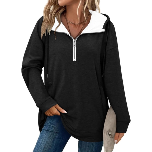 Fall Pullover Tops New Ladies Fashion Solid Color Pocket Half Zip Hooded Drawstring Sweatshirt Style B-71 Black S